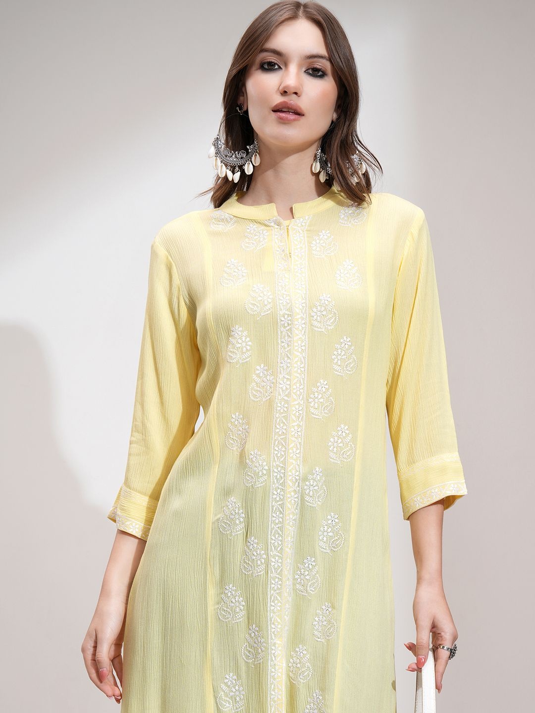 

Vishudh Women Embroidered Mandarin Collar Tunic, Yellow