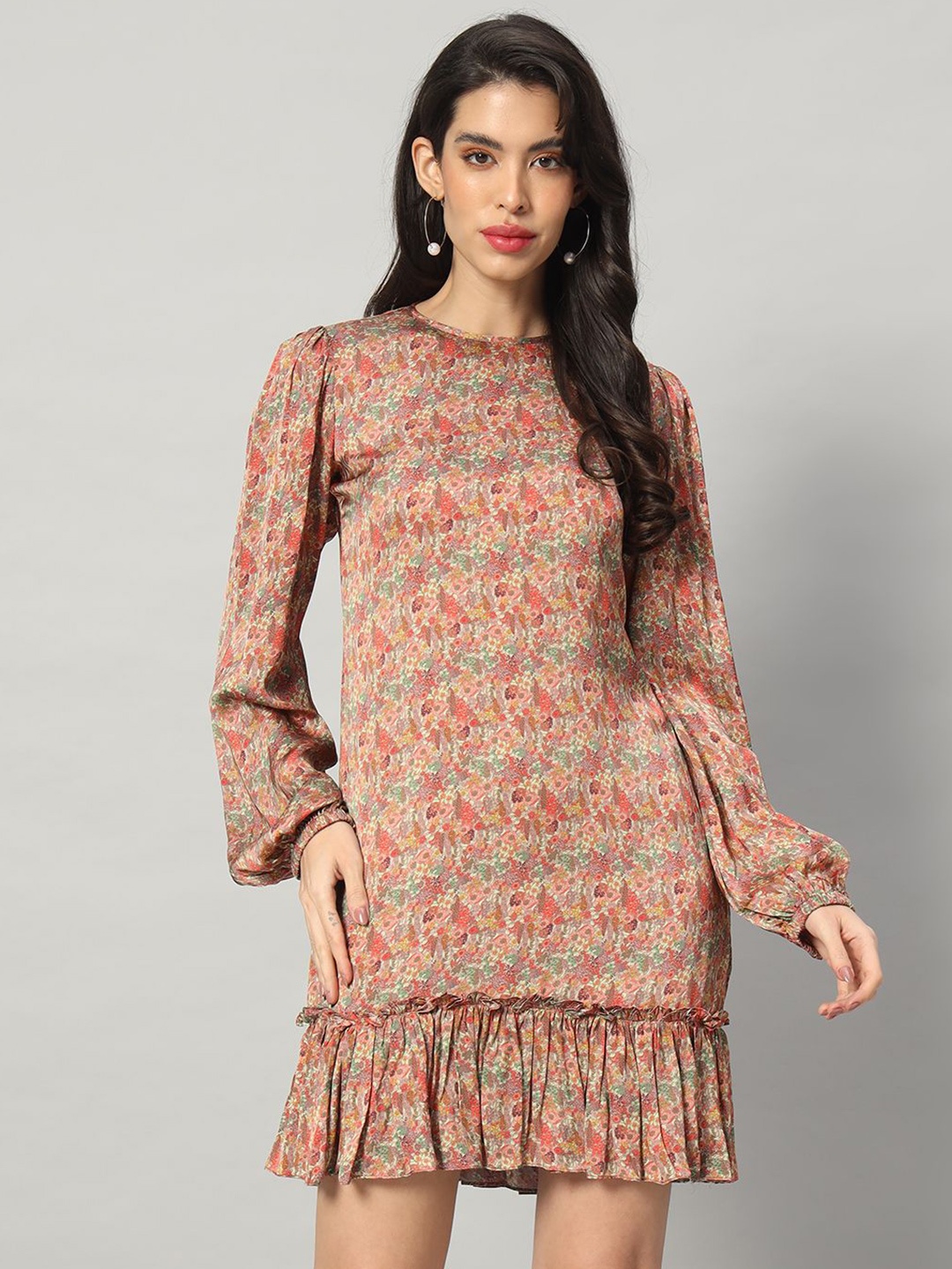 

BRIJAL LAD Women Floral Printed Puff Sleeve Satin Drop-Waist Dress, Orange