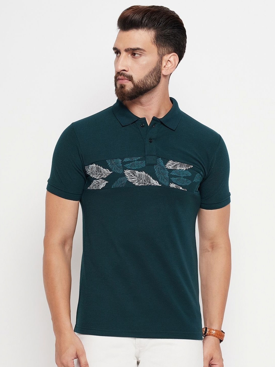 

NYKER Men Floral Printed Polo Collar Cotton T-shirt, Green