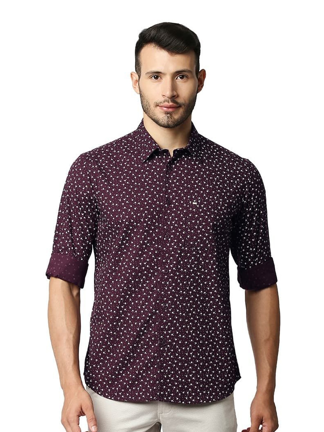 

Basics Men Relaxed Fit Spread Collar Floral Printed Cotton Casual Shirt, Maroon