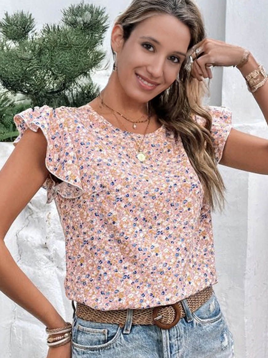 

StyleCast Women Floral Print Flutter Sleeve Top, Pink