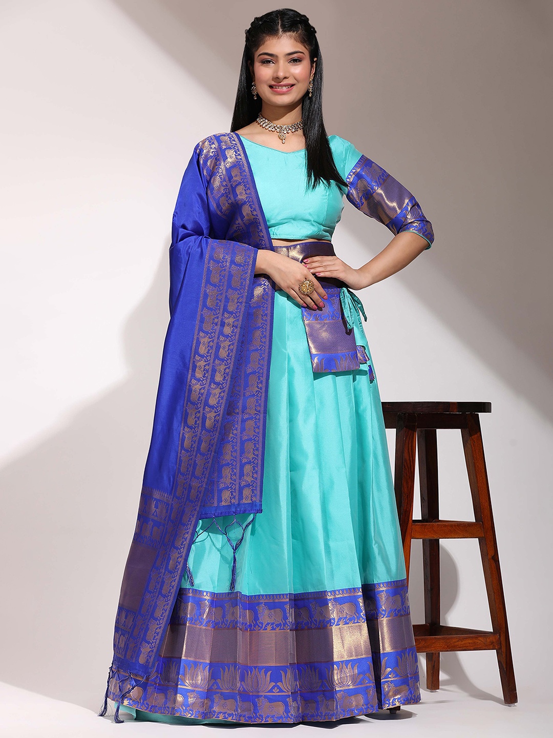 

DIVASTRI Woven Design Zari Unstitched Blouse And Lehenga With Dupatta, Blue