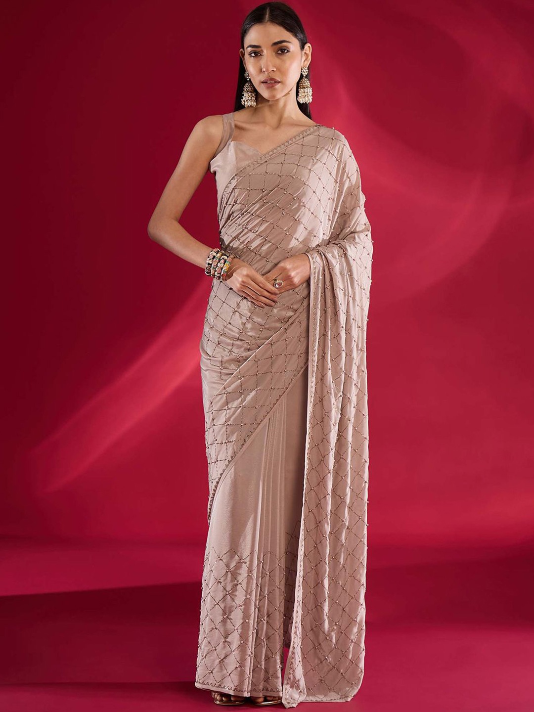 

all about you Embellished Beads and Stones Pure Crepe Saree, Beige