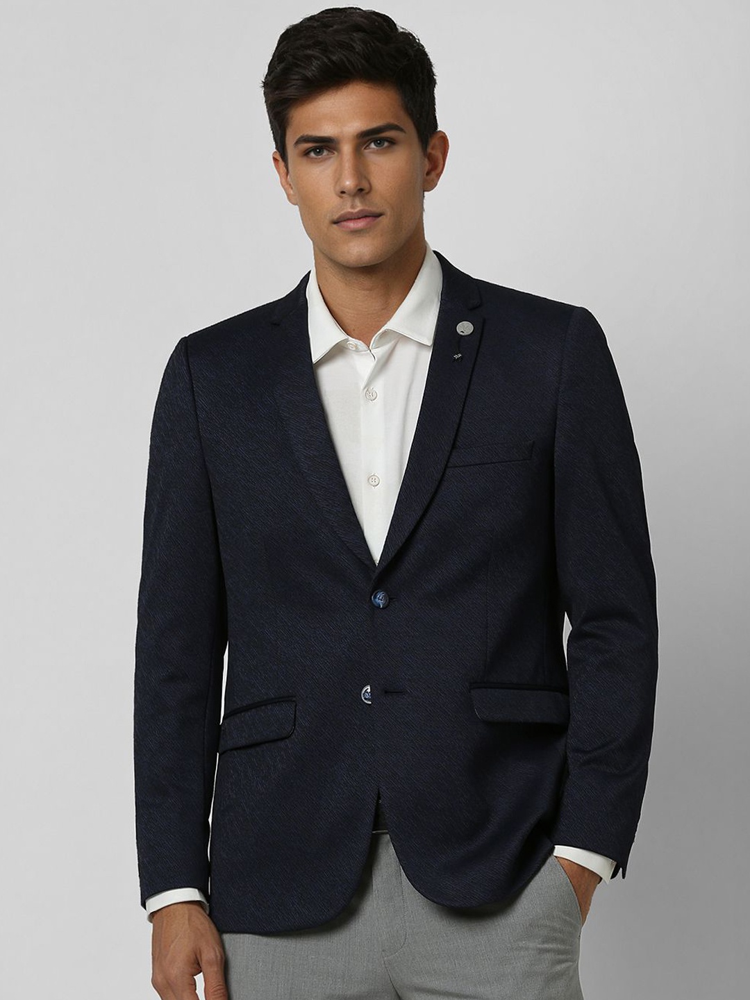 

V Dot Slim-Fit Notched Lapel Collar Single Breasted Blazer, Navy blue