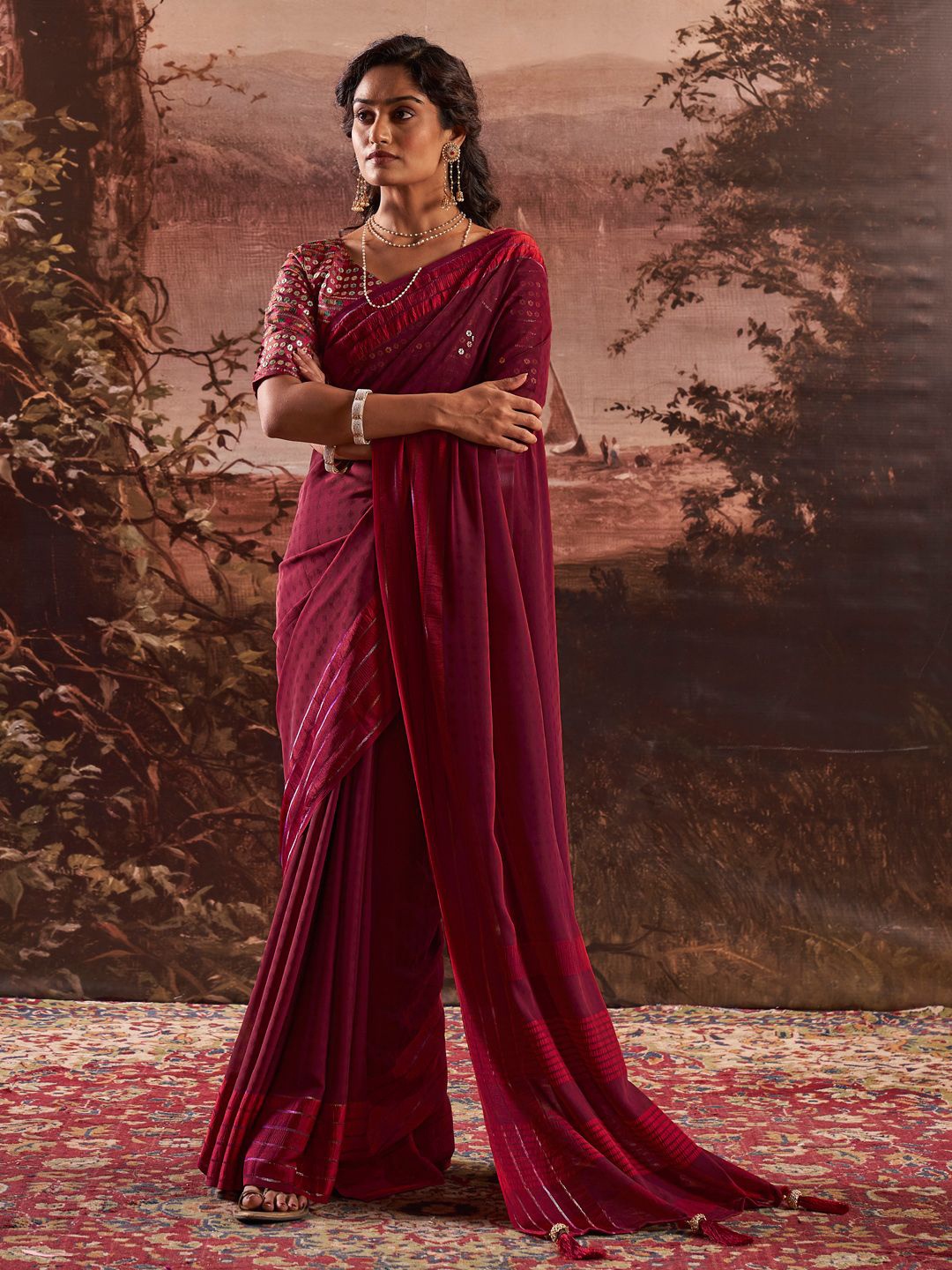 

DIVASTRI Striped Saree, Magenta
