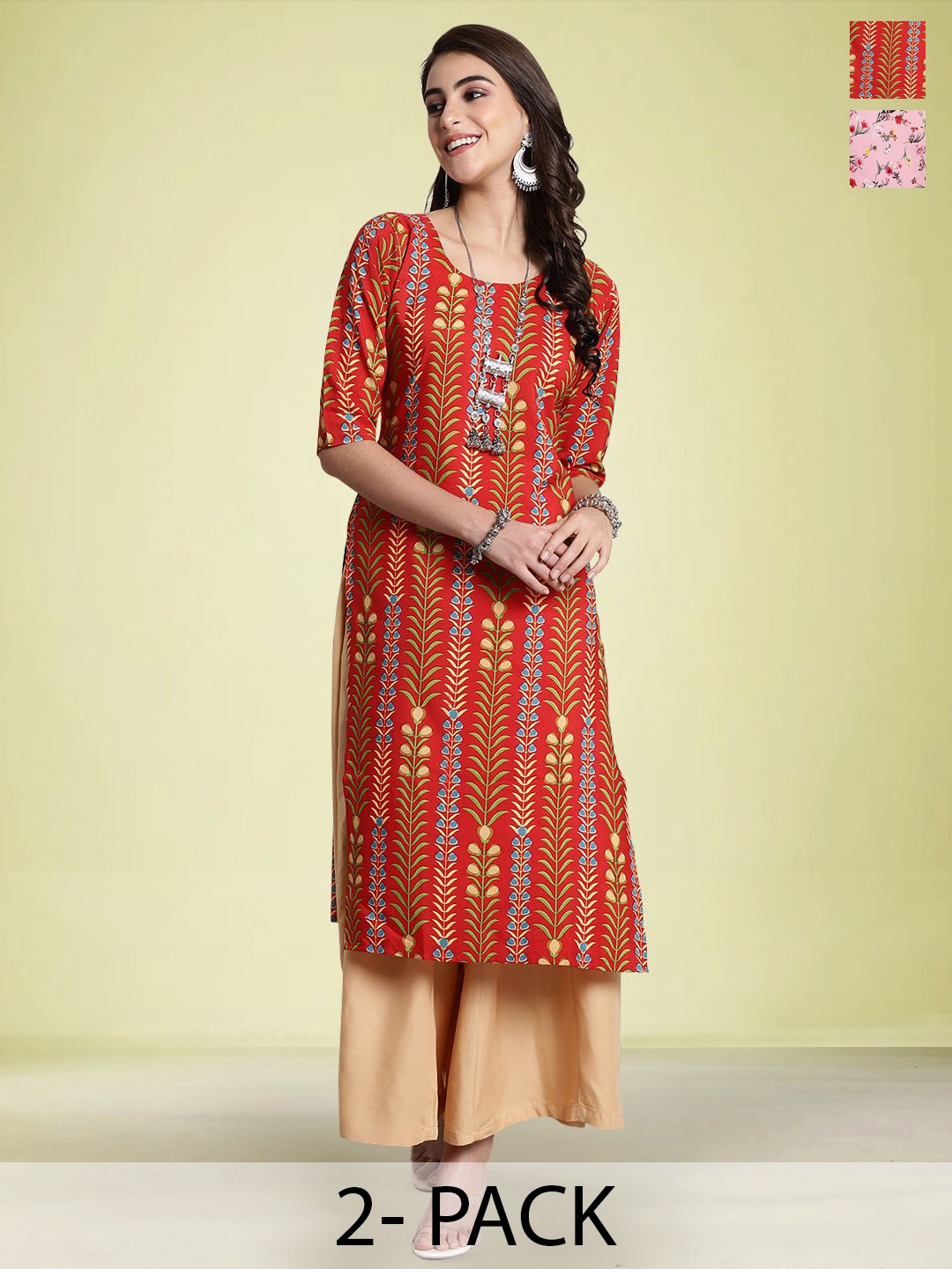

Moda Rapido Set of 2 Printed Straight Kurtas, Red