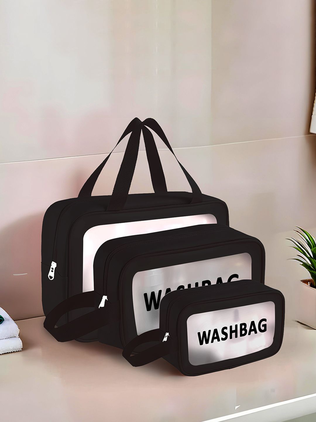 

Kuber Industries Black 3 Pieces Makeup Organizer Bags with Zip & Hand Strap