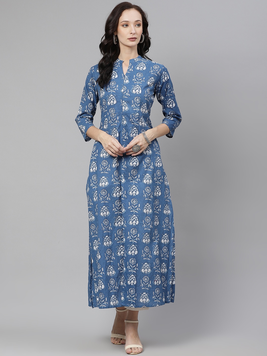 

Chandbaali Floral Printed Mandarin Collar Pleated Cotton Straight Kurta, Blue