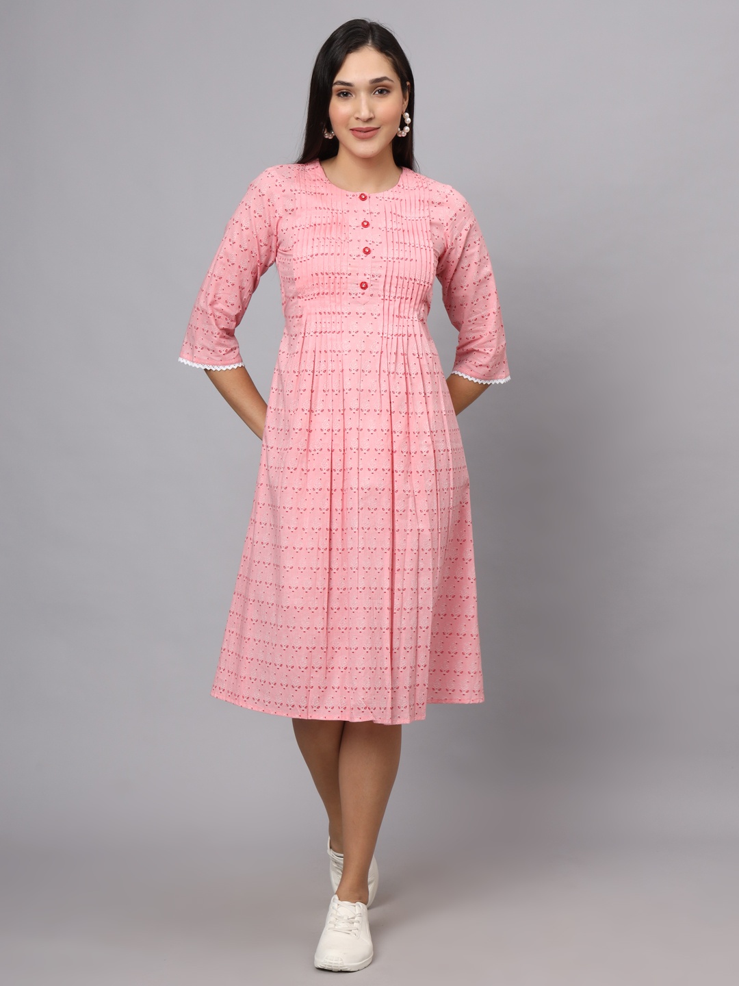 

JAPER KURTI Floral Printed Round Neck Pin Tucks Fit And Flare Ethnic Dress, Pink