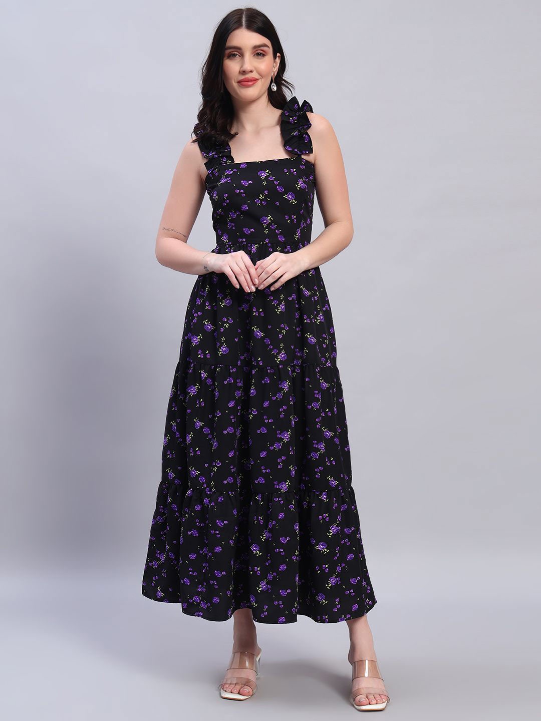 

ROSEMELON Floral Printed Fit and Flare Maxi Dress, Black