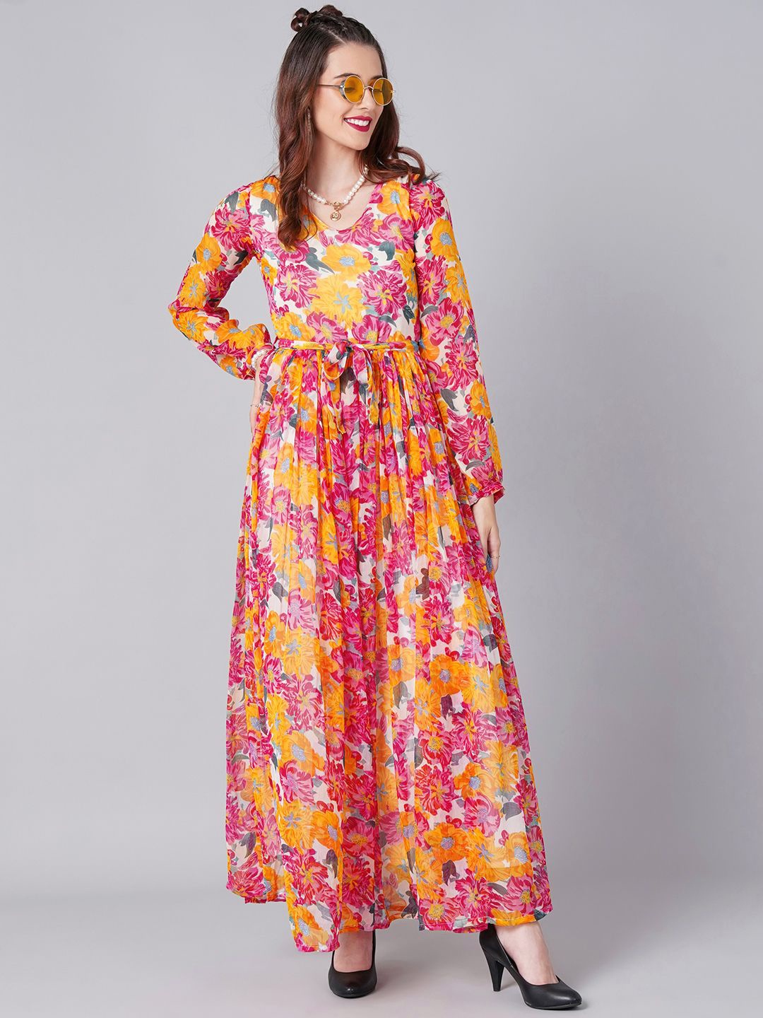 

Moda Rapido Floral Print Flared Sleeve Chiffon Maxi Dress, Yellow