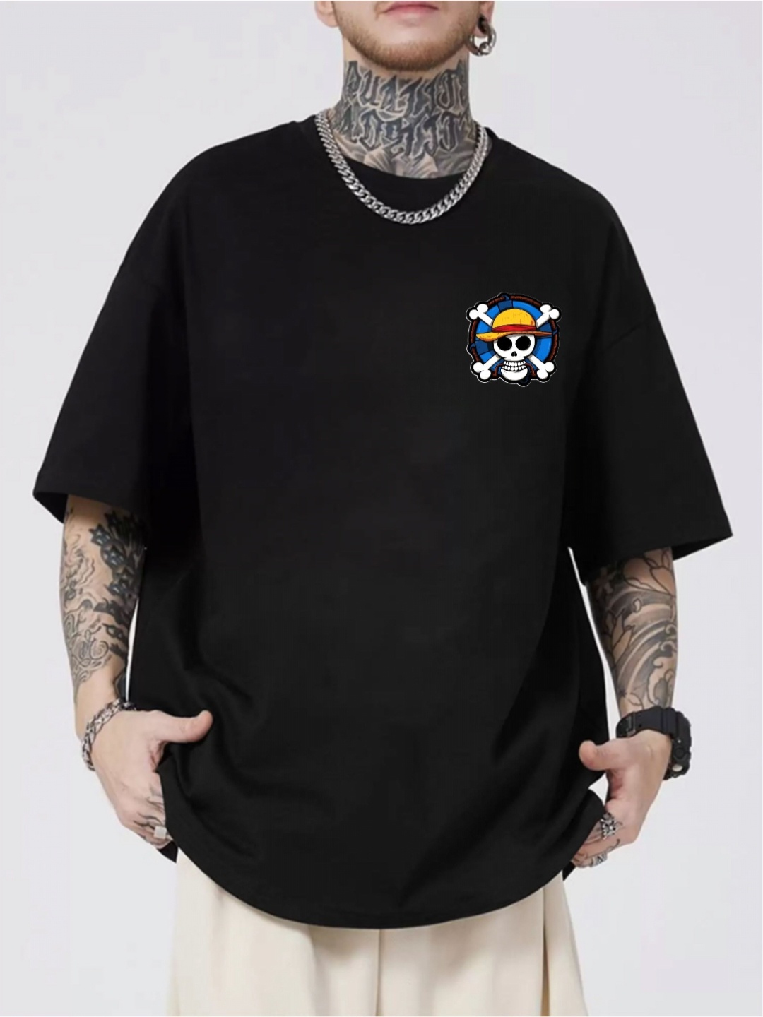 

ZEN1 FASHION Men Abzorb Solid Round Neck Cotton Oversized T-shirt, Black