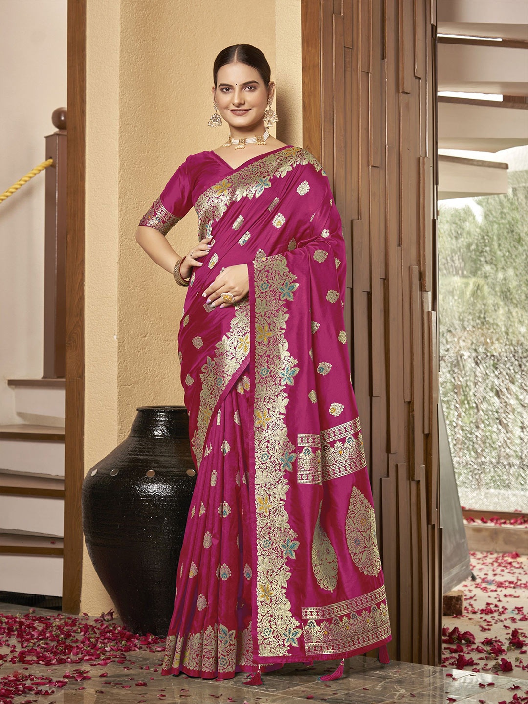 

SAREETHNIC Woven Design Zari Pure Silk Banarasi Saree, Rose