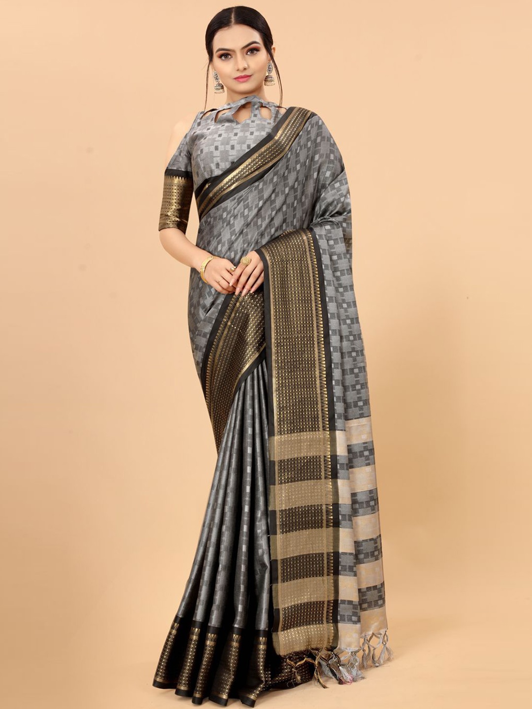 

DIVASTRI Woven Design Zari Silk Cotton Ikat Saree, Grey