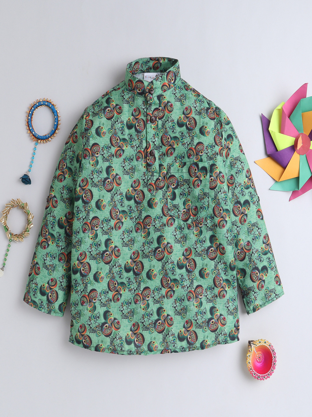 

BAATCHEET Boys Tribal Printed Mandarin Collar Pure Cotton Straight Kurta, Green