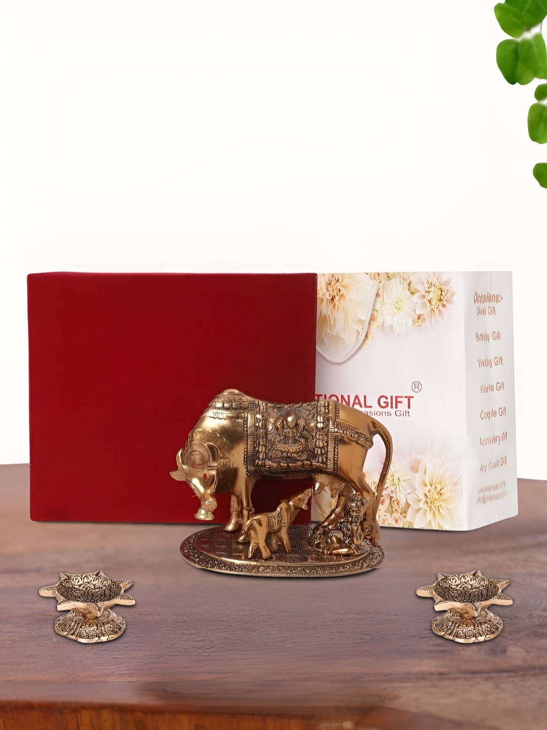 

INTERNATIONAL GIFT Brown Kamdhenu Cow with 2 Diya Box and Bag, Copper