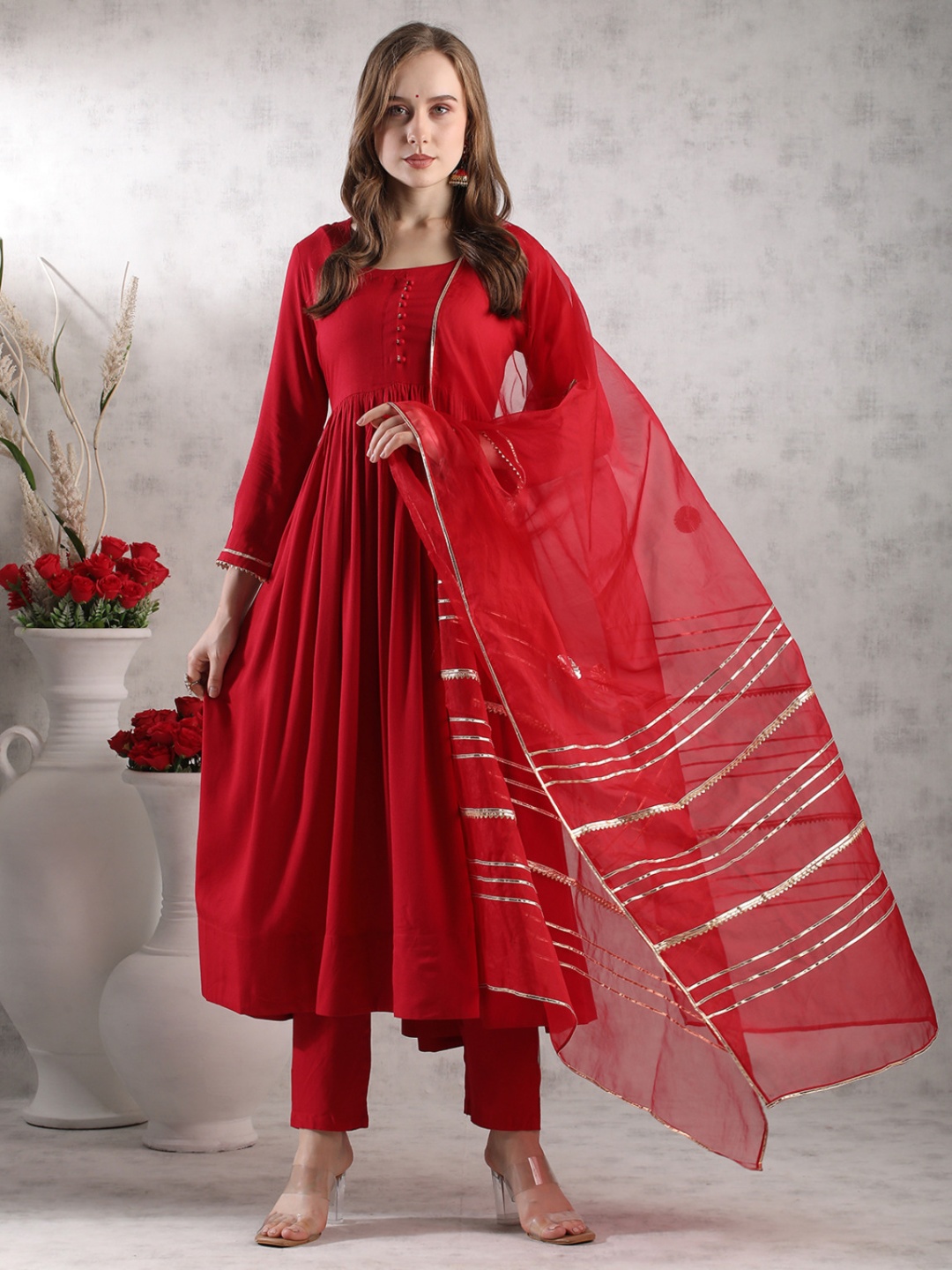 

DIVASTRI Scoop Neck Anarkali Kurta With Trousers & Dupatta, Red