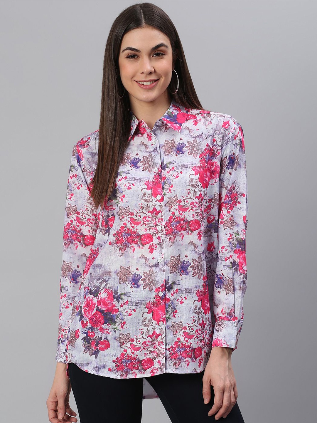 

Moda Rapido Women Comfort Oversized Fit Spread Collar Floral Printed Casual Shirt, Purple