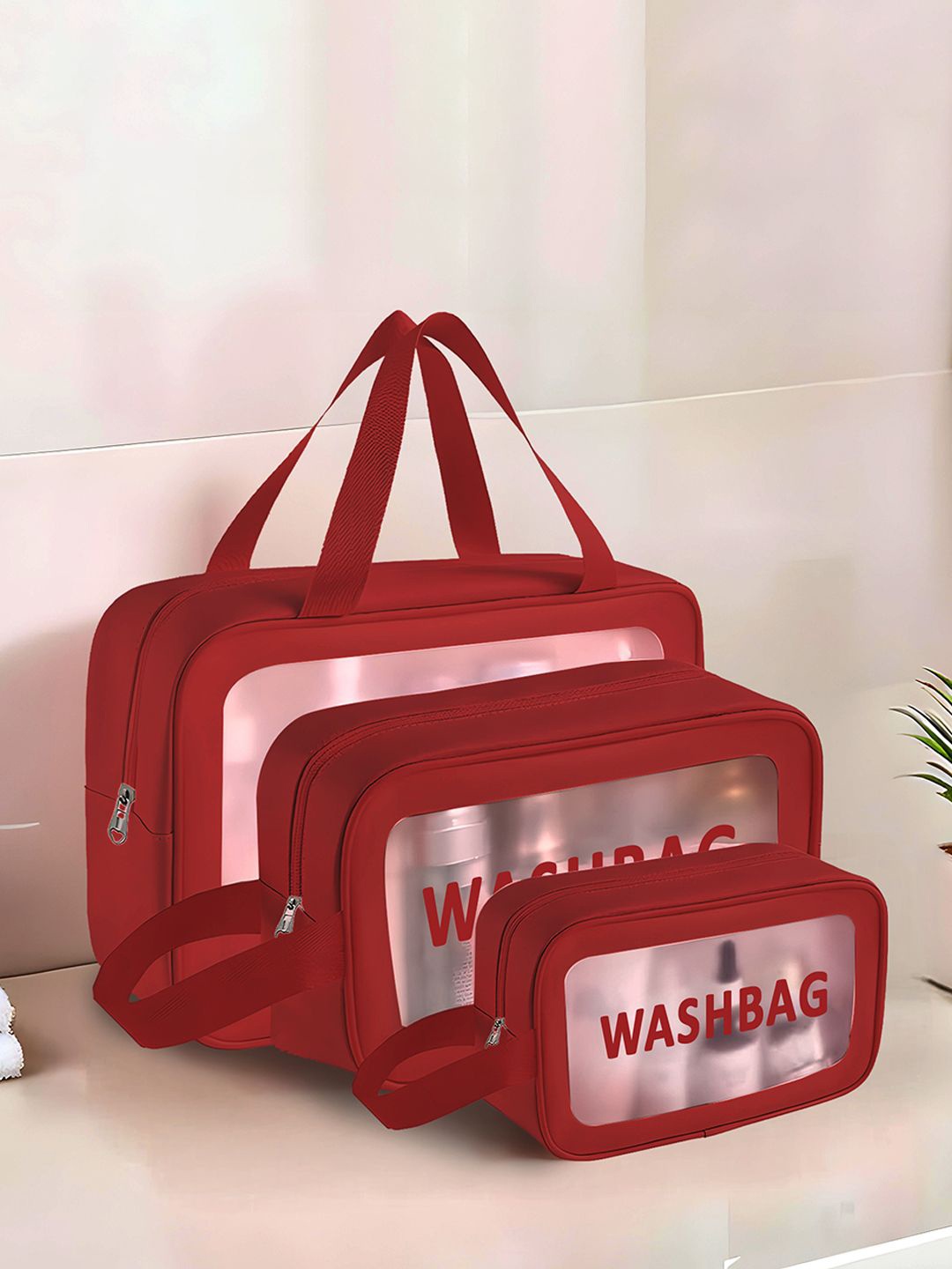 

Kuber Industries Maroon 3 Pieces Makeup Organizer Bag with Zip & Hand Strap