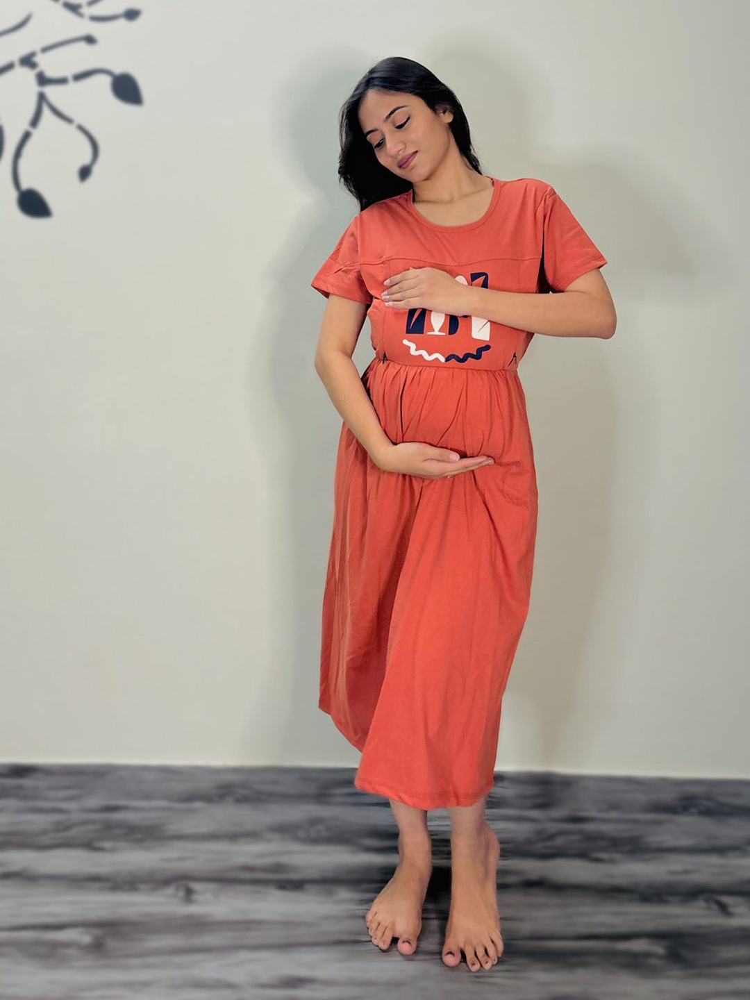 

SWEET MOON Printed Round Neck Pure Cotton Maternity Midi Nightdress, Orange