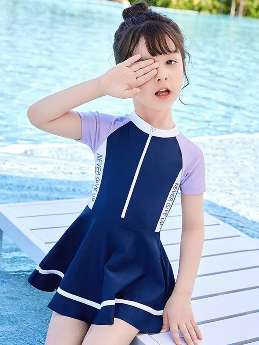 

YK Girls Printed Round Neck Swim Dress, Navy blue