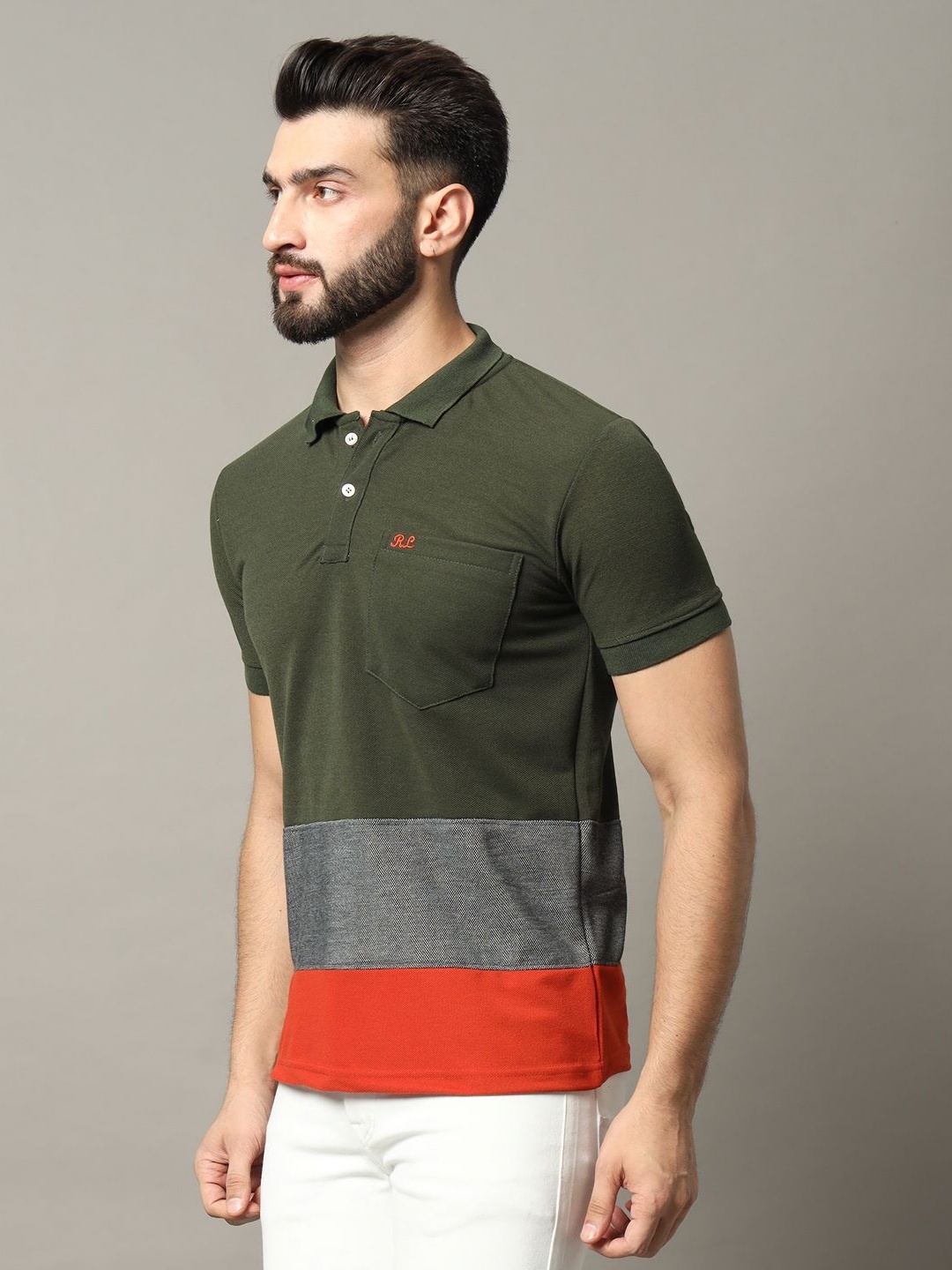 

RELANE Men Colourblocked Polo Collar T-shirt, Olive