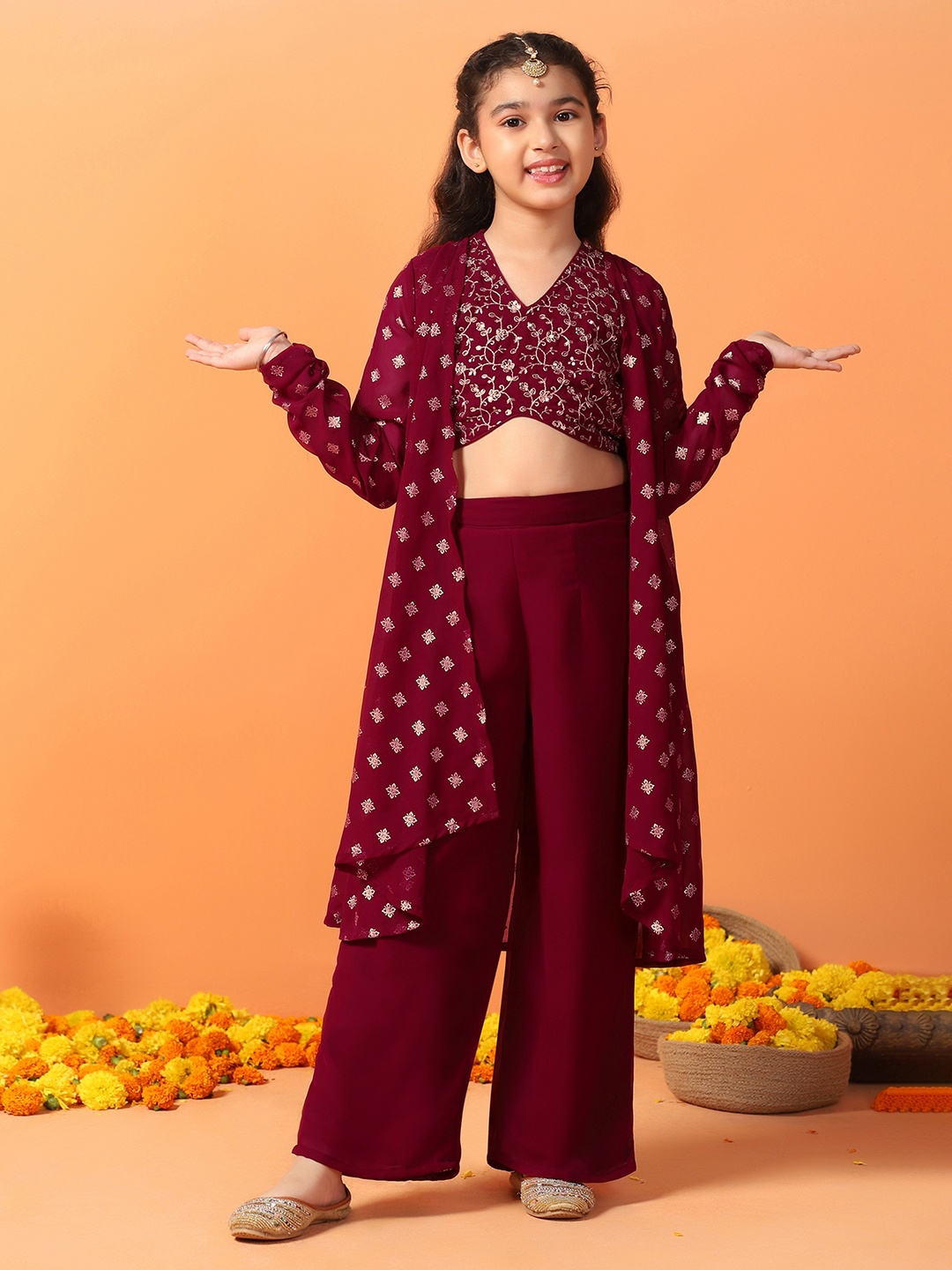 

Sangria Maroon Girls Floral Embroidered Georgette Top With Palazzo And Shrug