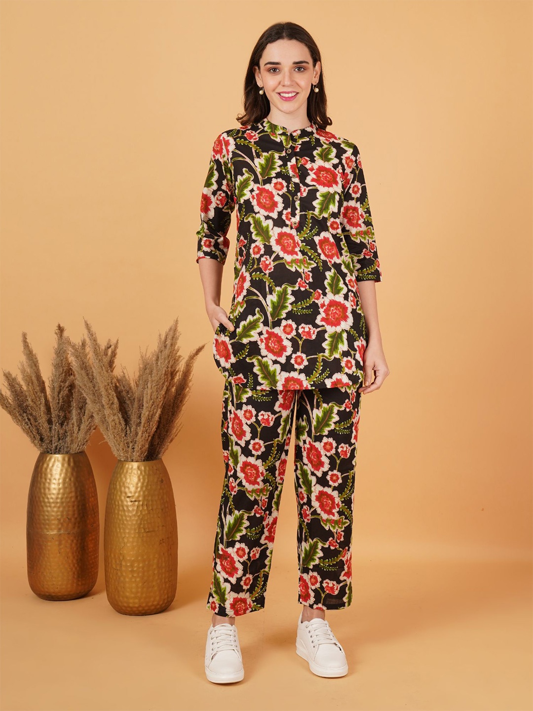 

FebQ Printed Mandarin Collar Tunic With Trousers, Black