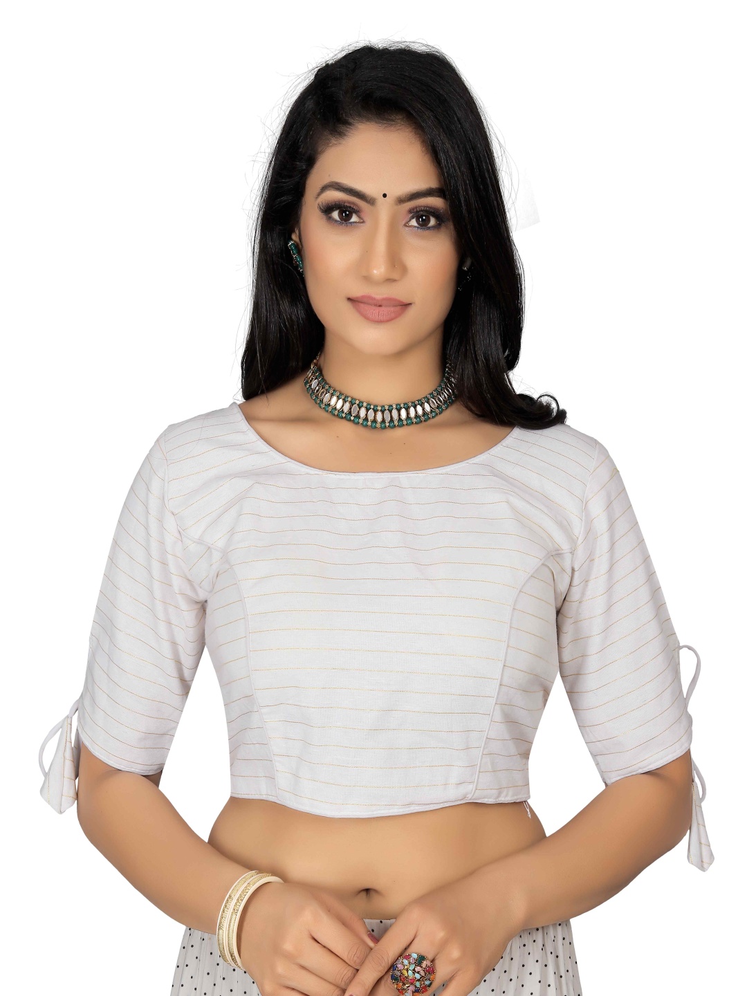 

HERE&NOW Woven Design Round Neck Saree Blouse, White