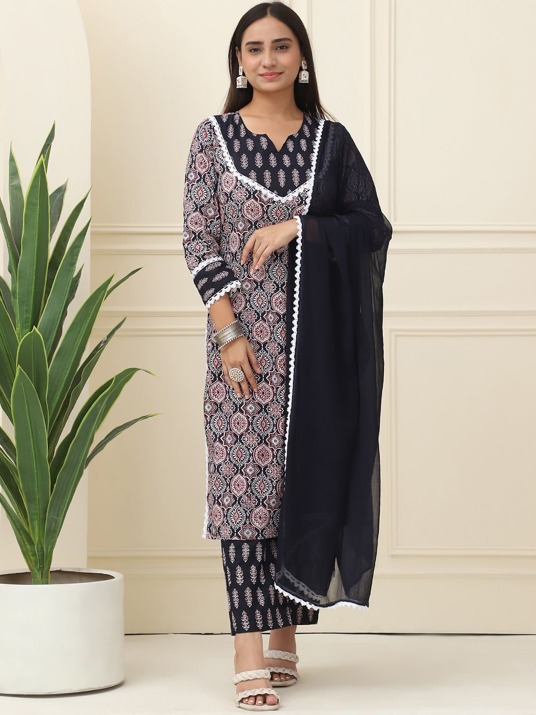 

Feel Clath Floral Printed Notch Neck Pure Cotton Kurta With Trousers & Dupatta, Black