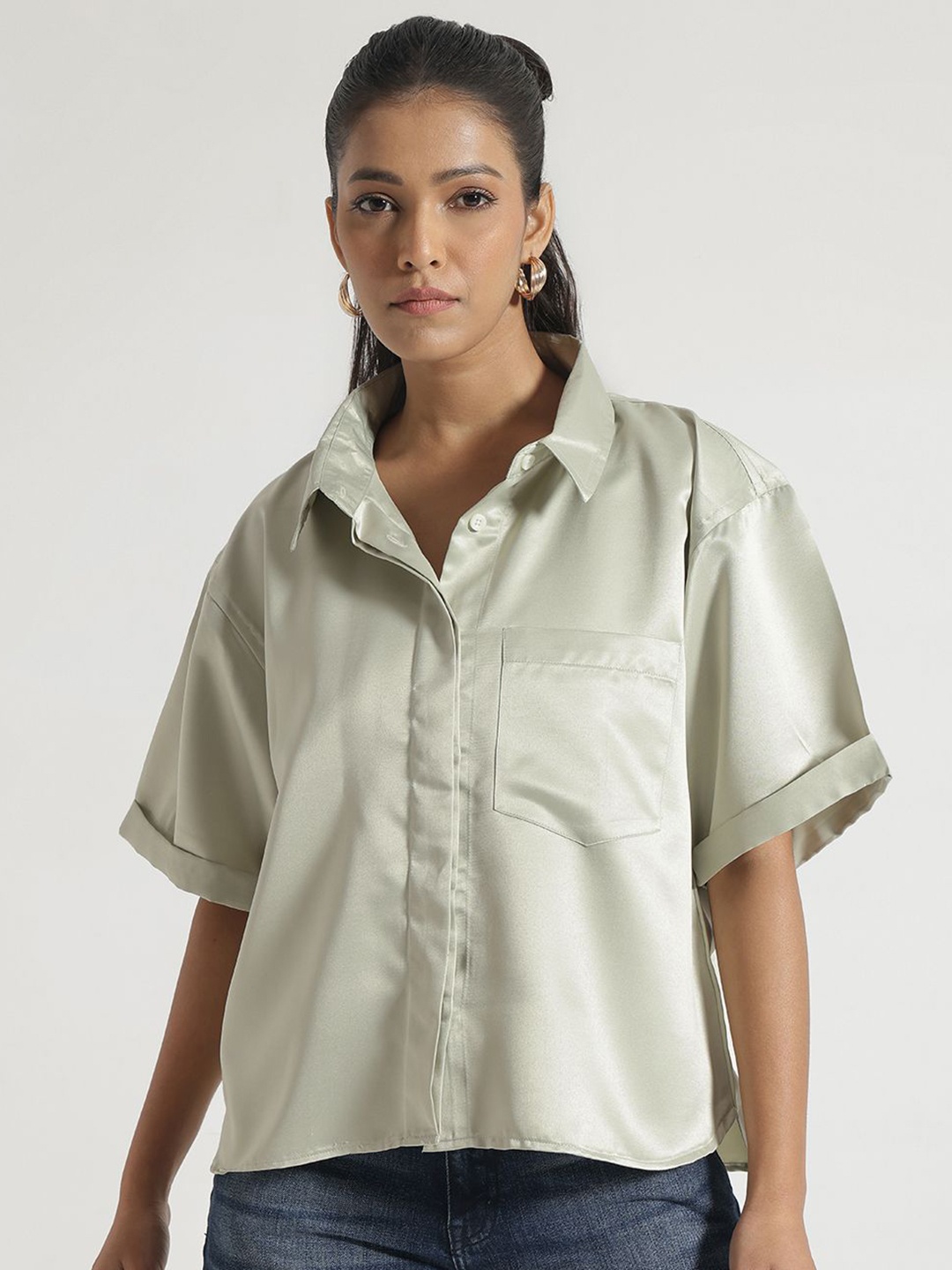 

Code 61 Women Comfort Relaxed Fit Spread Collar Solid Cotton Casual Shirt, Green