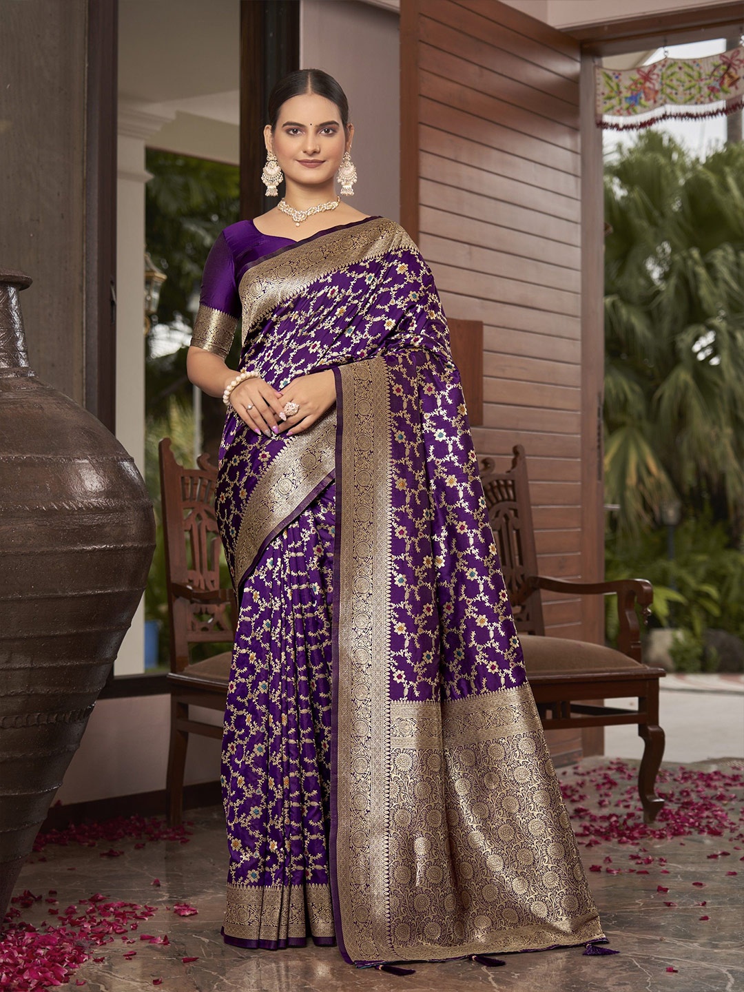 

SAREETHNIC Woven Design Zari Pure Silk Banarasi Saree, Purple