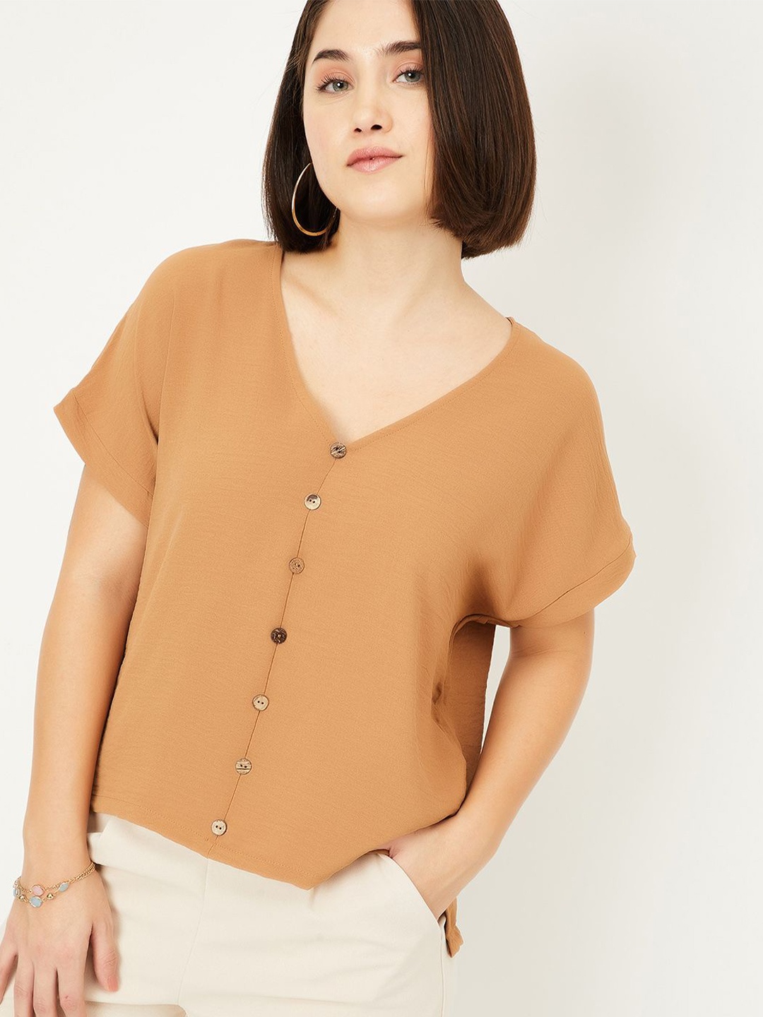 

max Women Solid V-Neck Top, Brown