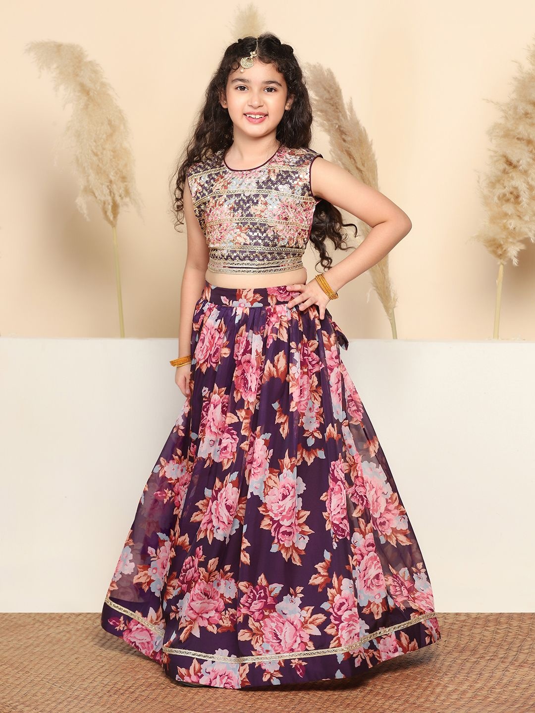 

Sangria Girls Floral Embroidered Sequinned Lehenga With Choli, Violet