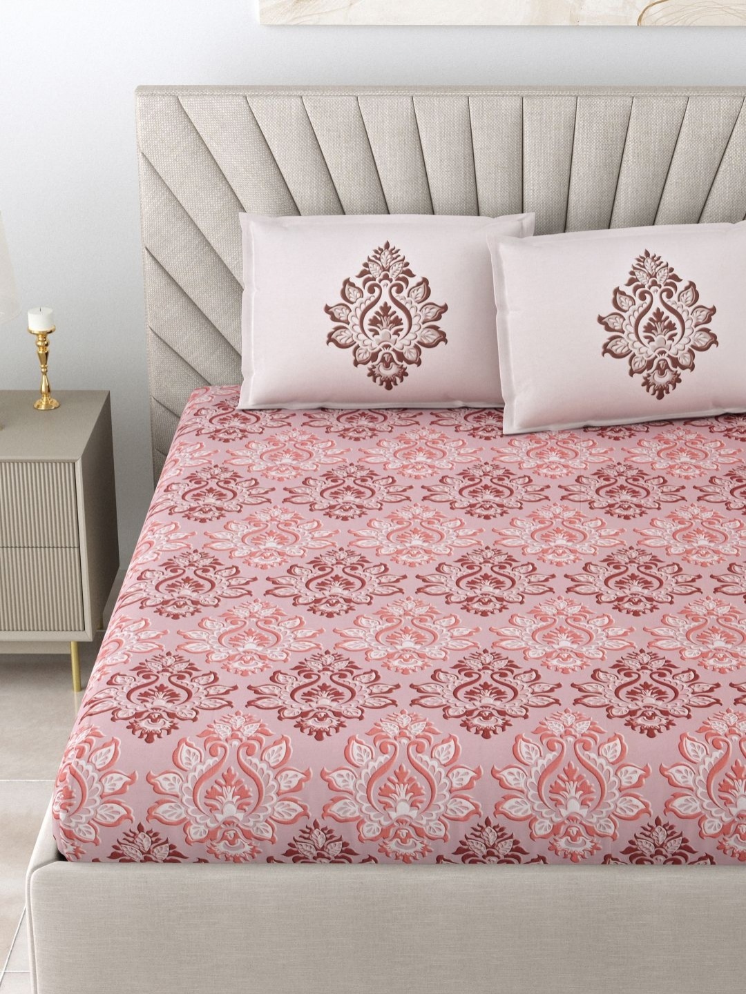 

Myntra Elegant Homes Mohar Pink Printed Cotton 180 TC King Bedsheet Set 2.74m x 2.54m