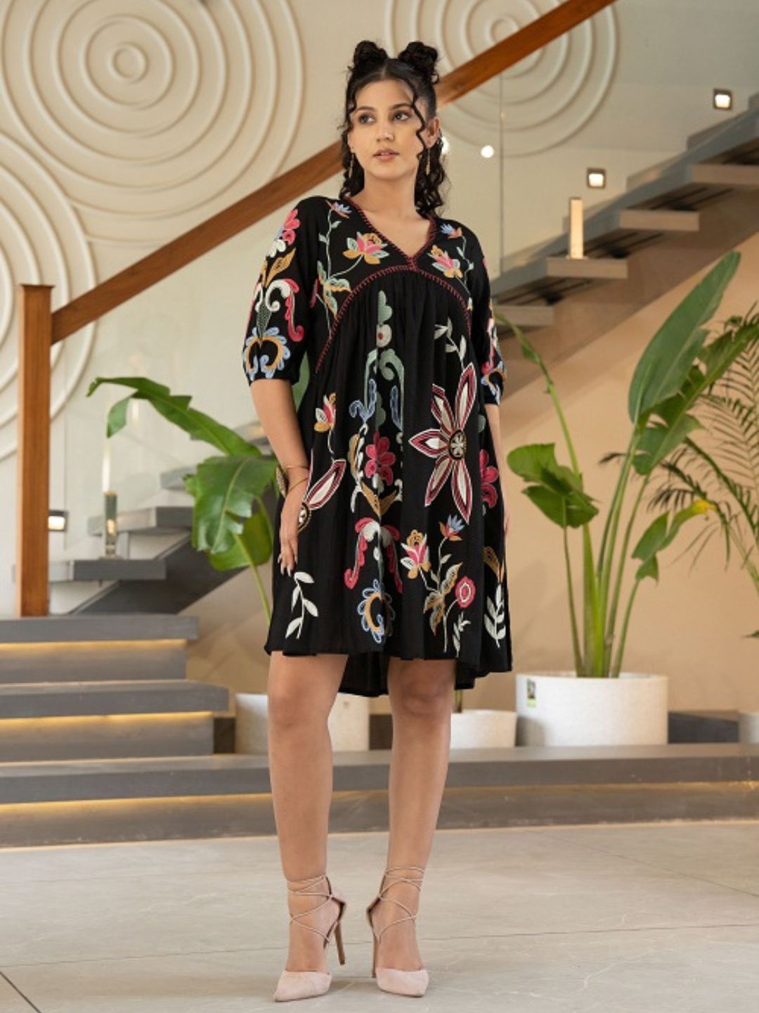 

Zolo Label Floral Embroidered Empire Dress, Black