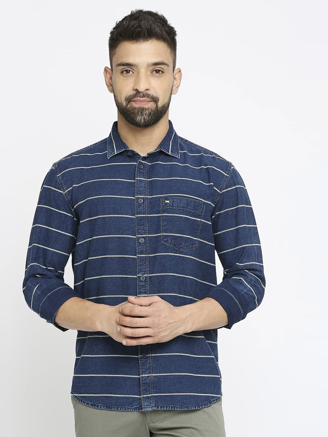 

Basics Men Relaxed Slim Fit Spread Collar Horizontal Striped Cotton Casual Shirt, Blue