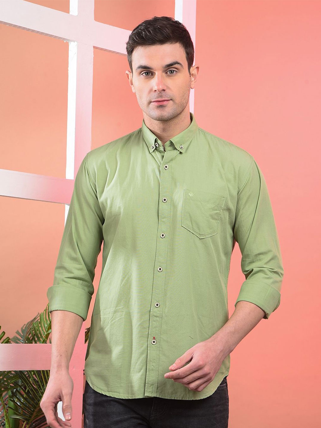 

COBB Men Button-Down Collar Solid Cotton Casual Shirt, Green