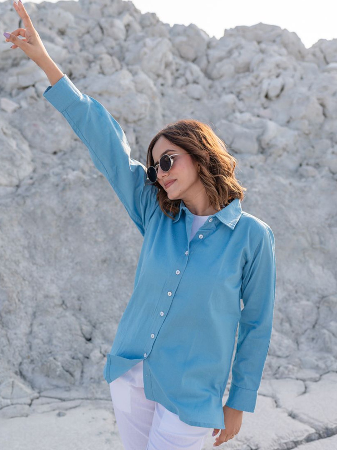 

Babli Women Comfort Relaxed Fit Spread Collar Solid Cotton Casual Shirt, Blue