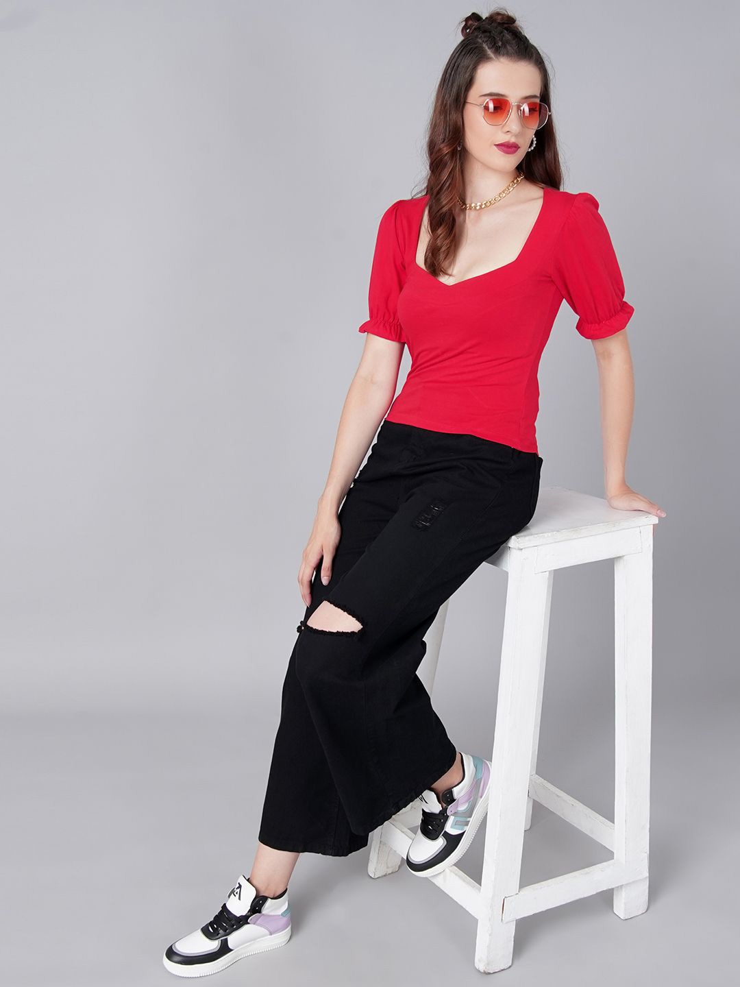 

Moda Rapido Women Sweetheart Neck Puff Sleeves Pure Cotton Top, Red