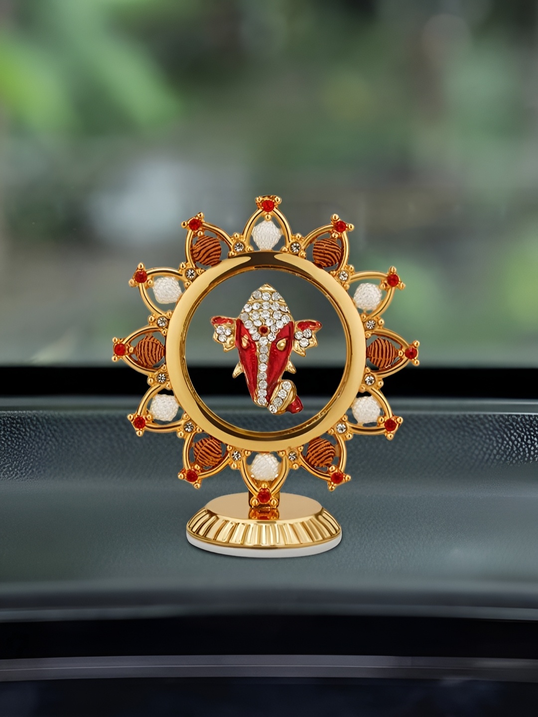 

INTERNATIONAL GIFT Lord Ganesha Idol in Round Shape for Car Dashboard, Gold