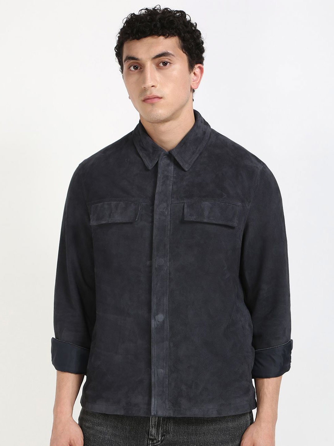 

Calvin Klein Jeans Men Spread Collar Solid Leather Casual Shirt, Grey