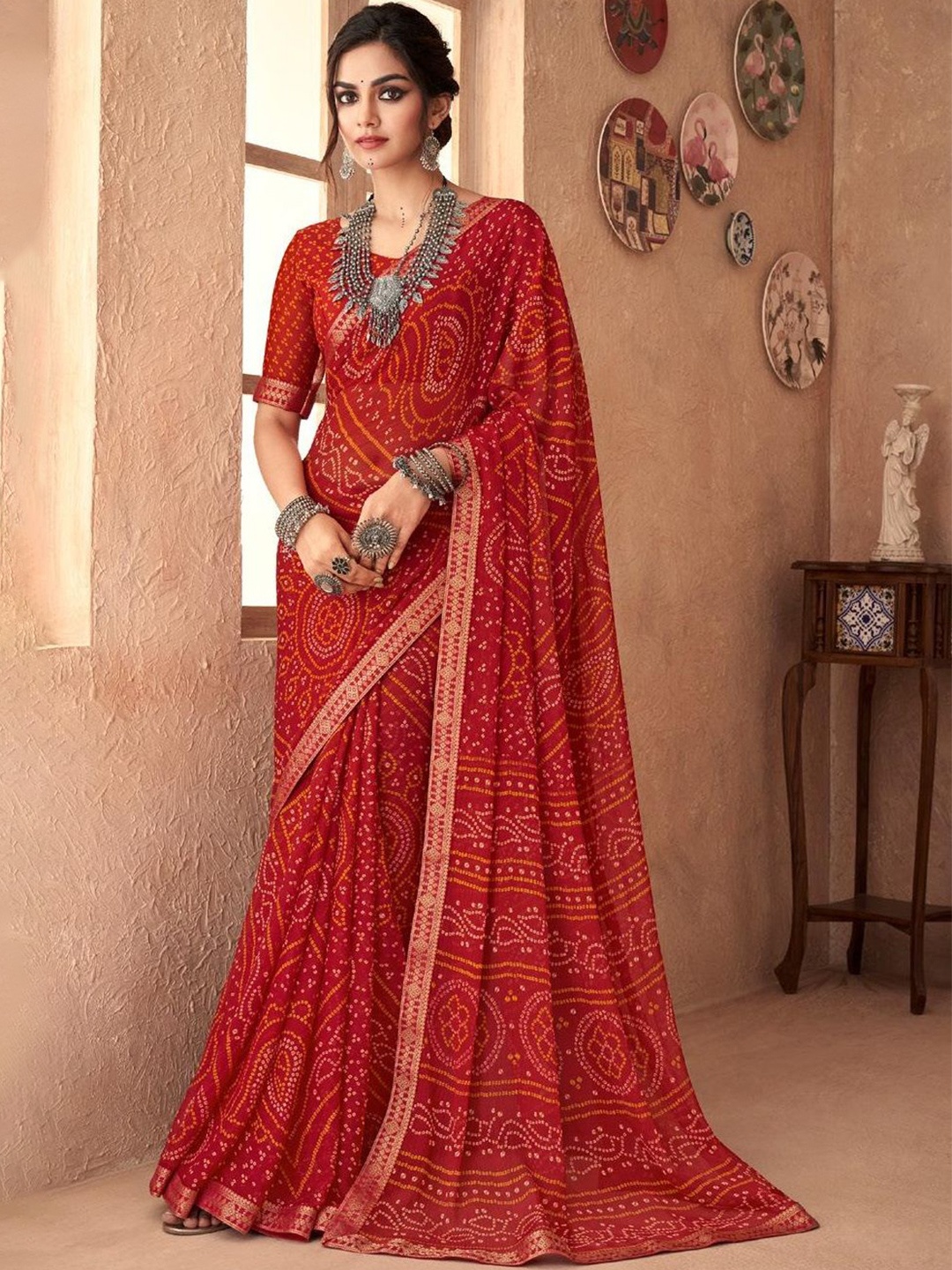 

DURGA EMPORIO Bandhani Pure Chiffon Bandhani Saree, Red