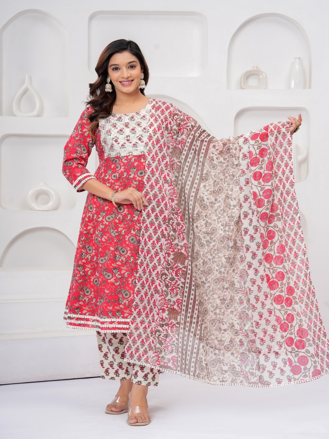 

kipek Floral Printed Pure Cotton Anarkali Kurta With Trousers And Dupatta, Red