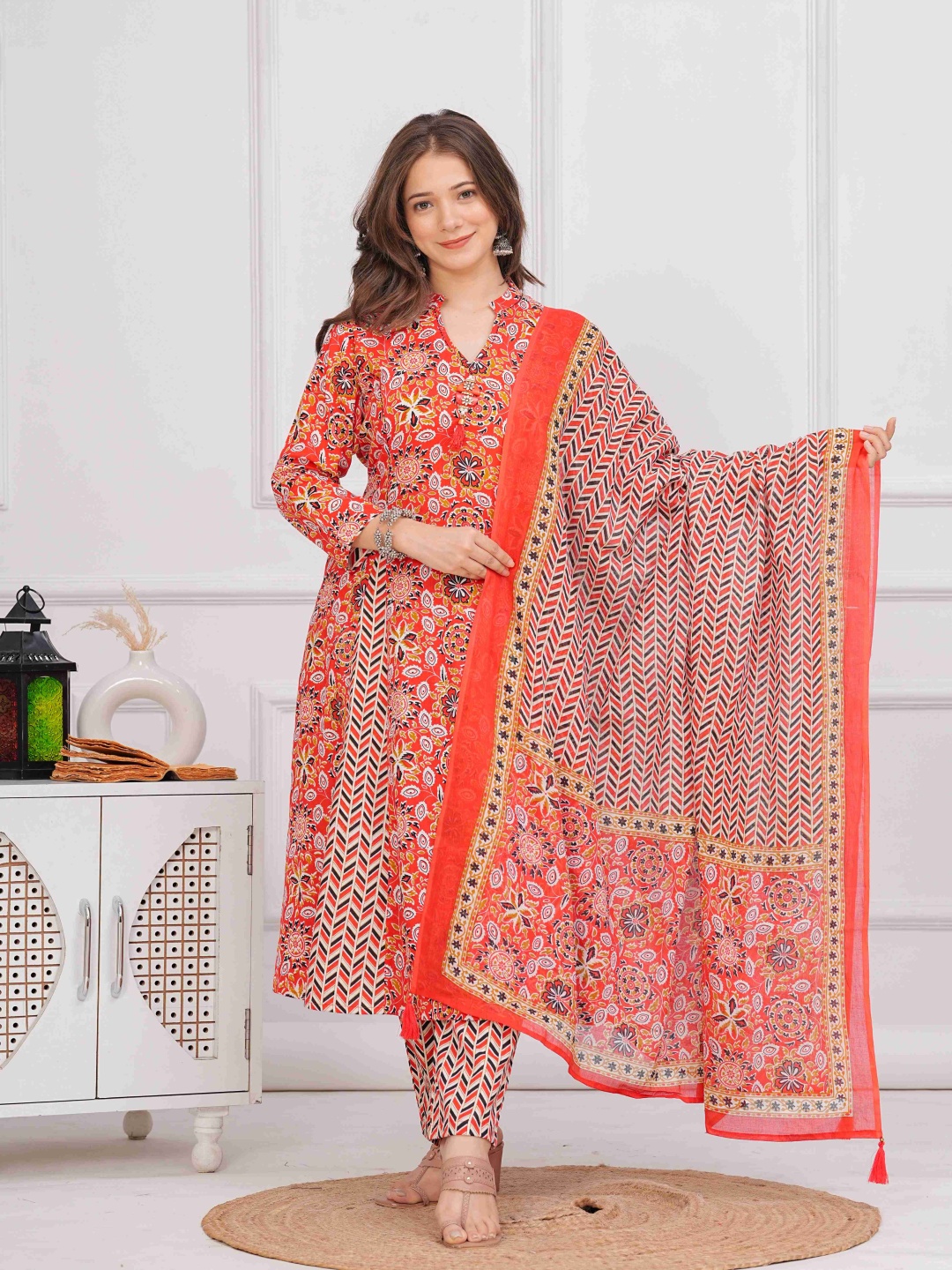 

MissKurti Floral Printed Mandarin Collar Pure Cotton A-Line Kurta With Trouser & Dupatta, Orange