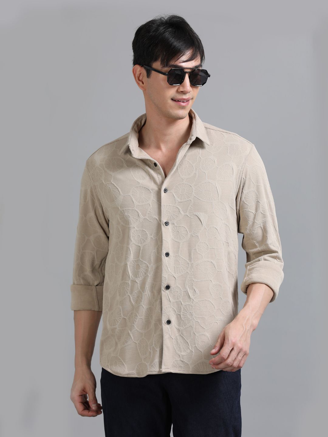 

PAUL STREET Men Standard Relaxed Fit Spread Collar Textured Casual Shirt, Beige