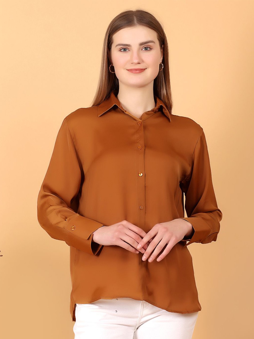 

Tulip Eden Women Relaxed Fit Spread Collar Solid Satin Casual Shirt, Brown