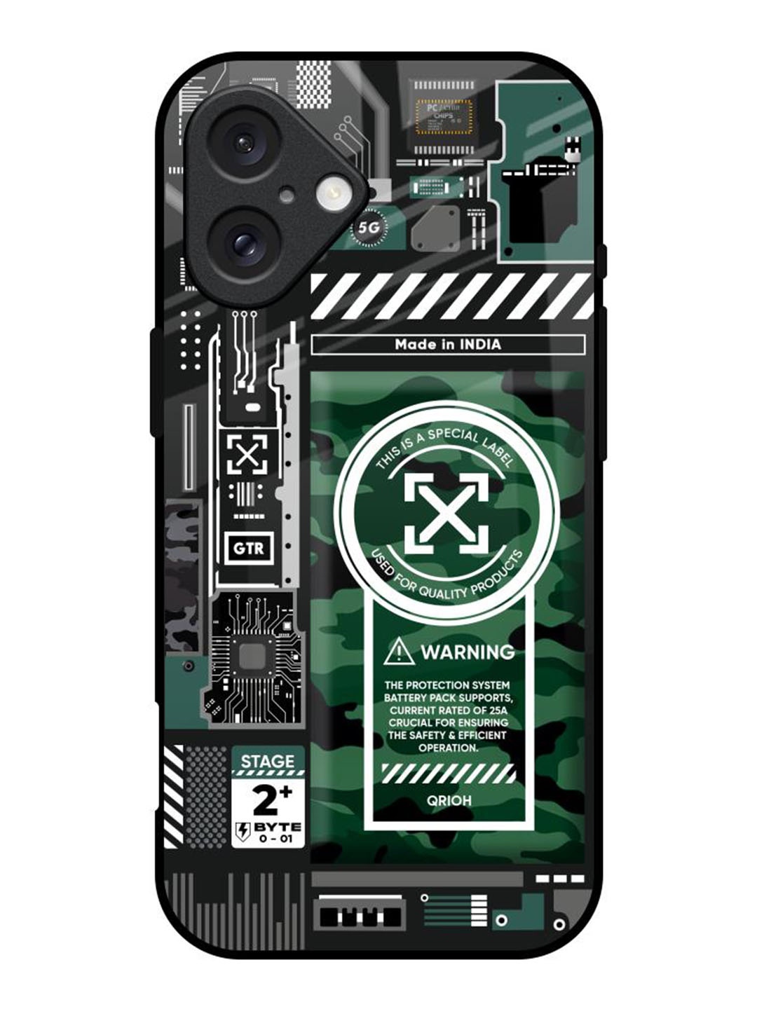 

QRIOH Green Camo Circuit Printed iPhone 16 Back Case, Black