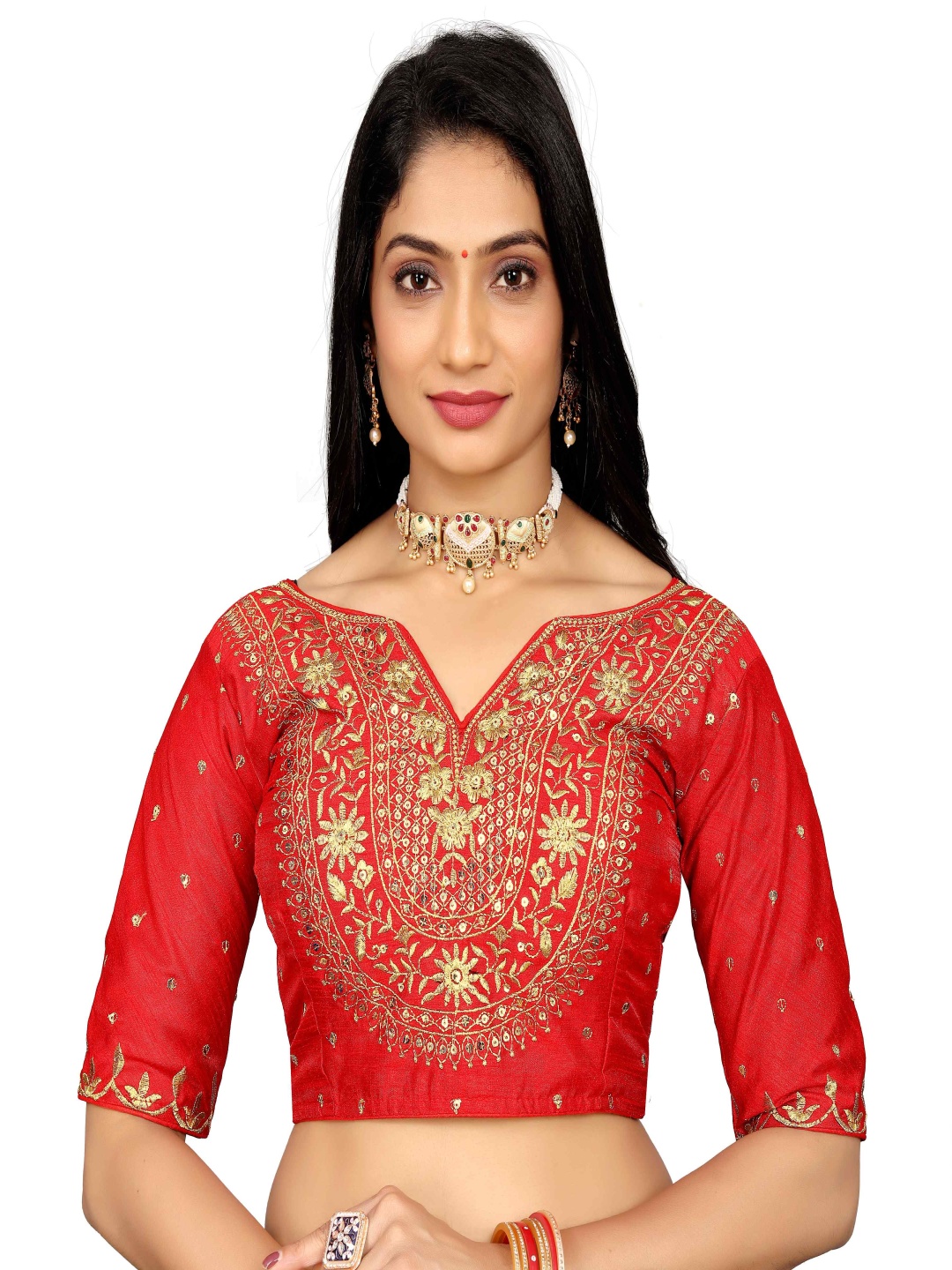 

HERE&NOW Embroidery V-Neck Saree Blouse, Red