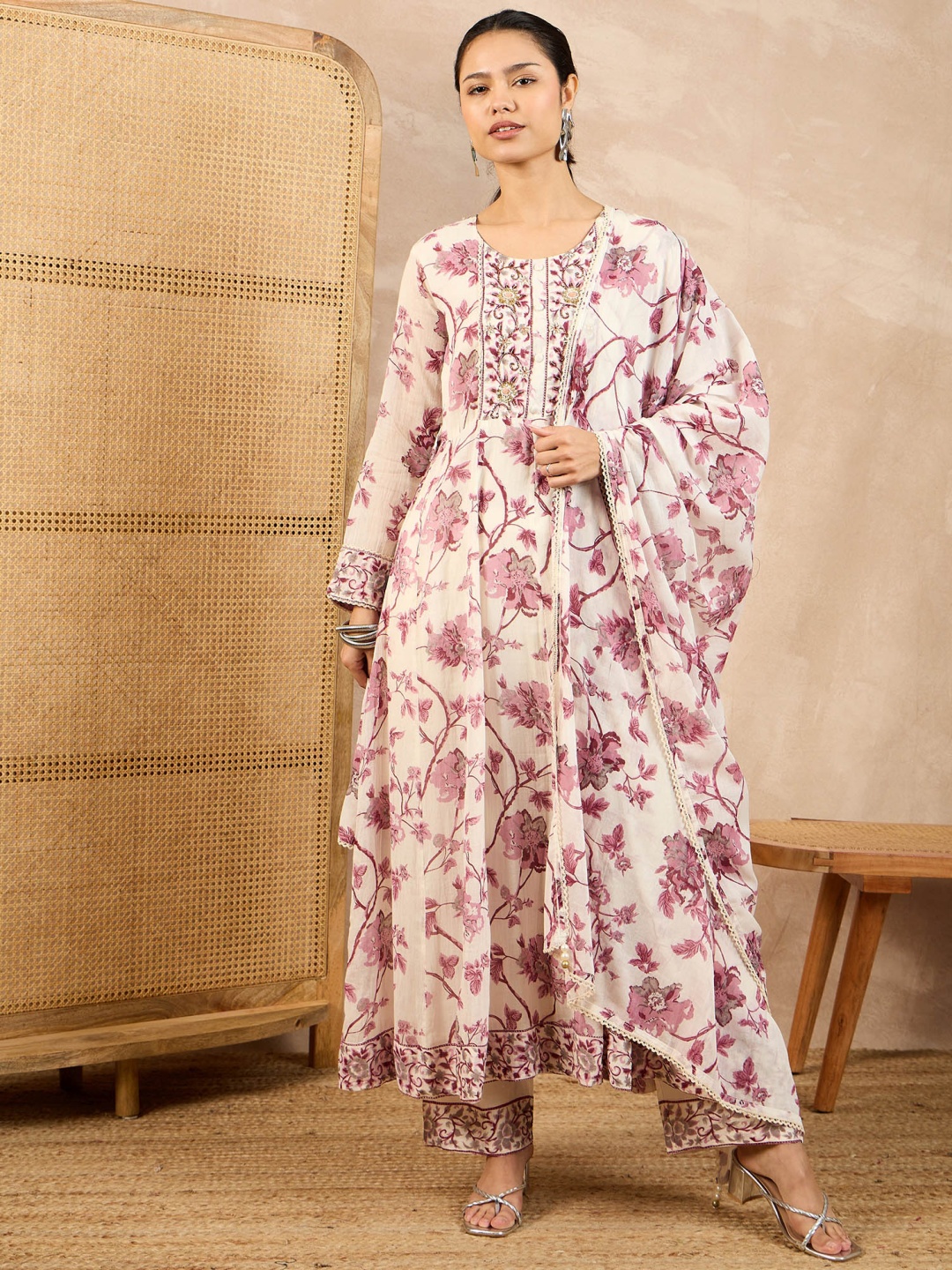 

all about you Floral Printed Beads And Stones Anarkali Kurta With Trousers And Dupatta, White